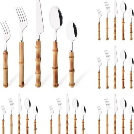 30-Piece Bamboo Handle Stainless Steel Flatware Set Service for 6