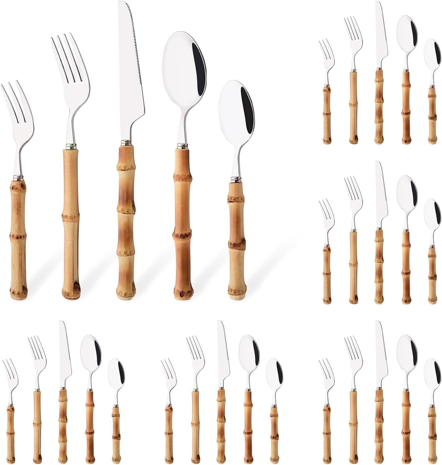 30-Piece Bamboo Handle Stainless Steel Flatware Set Service for 6