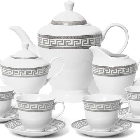 17-Piece Silver Greek Key Tea Set Service for 6