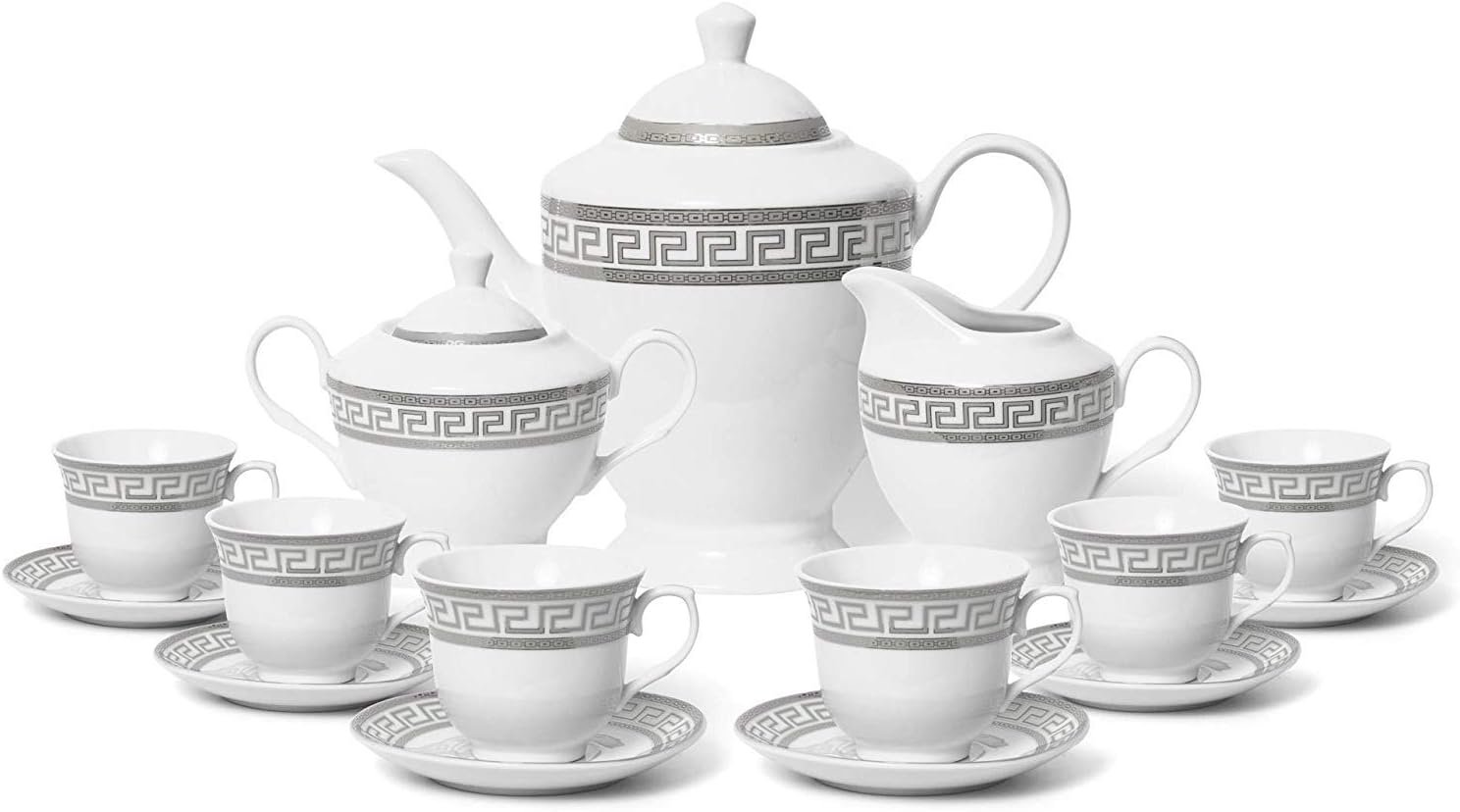 17-Piece Silver Greek Key Tea Set Service for 6