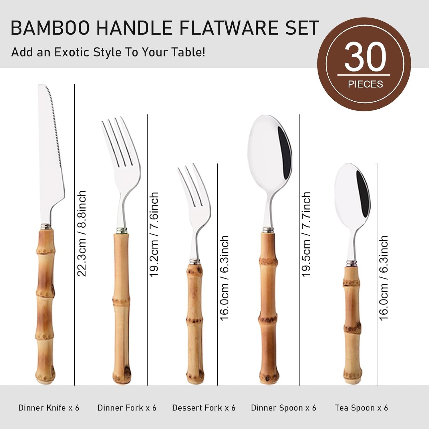 30-Piece Bamboo Handle Stainless Steel Flatware Set Service for 6 - Image 2