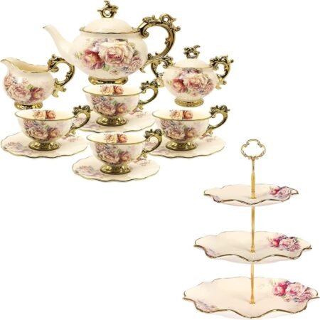 Vintage Porcelain 6-Cup Tea Set with 3-Tier Stand