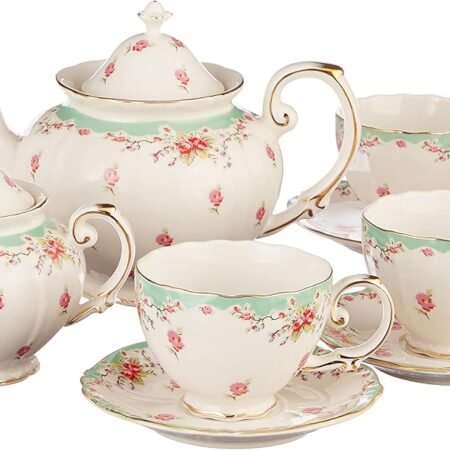 Vintage Green Rose 11-Piece Porcelain Tea Set