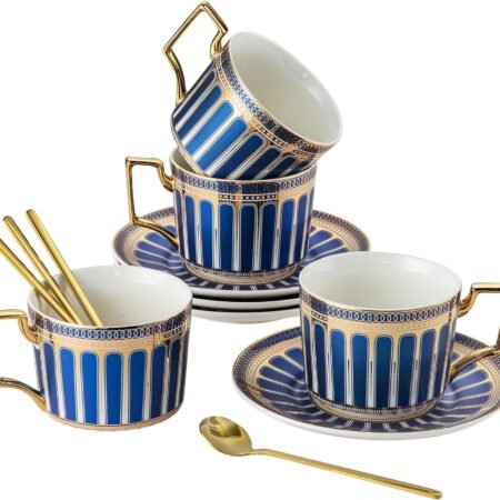4-Pack Blue Gold Bone China Tea Cup Set with Spoon