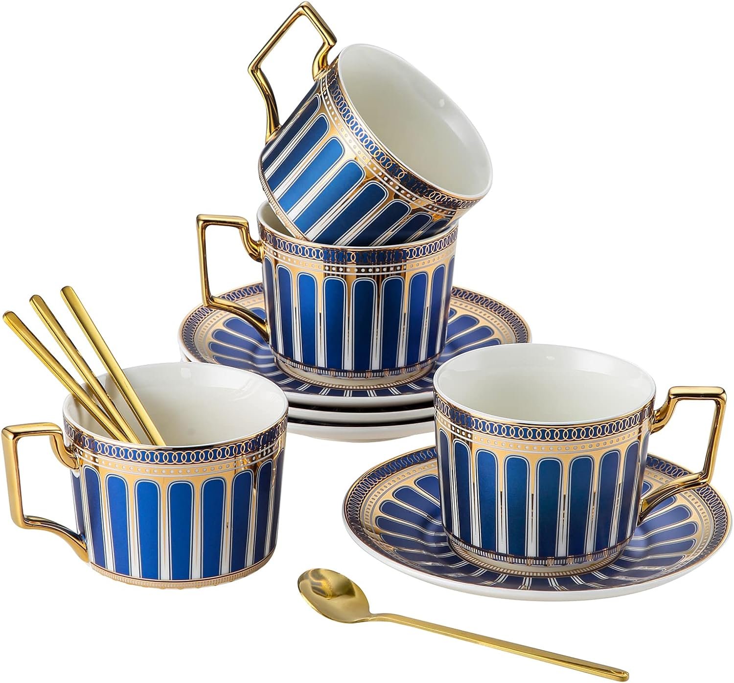 4-Pack Blue Gold Bone China Tea Cup Set with Spoon