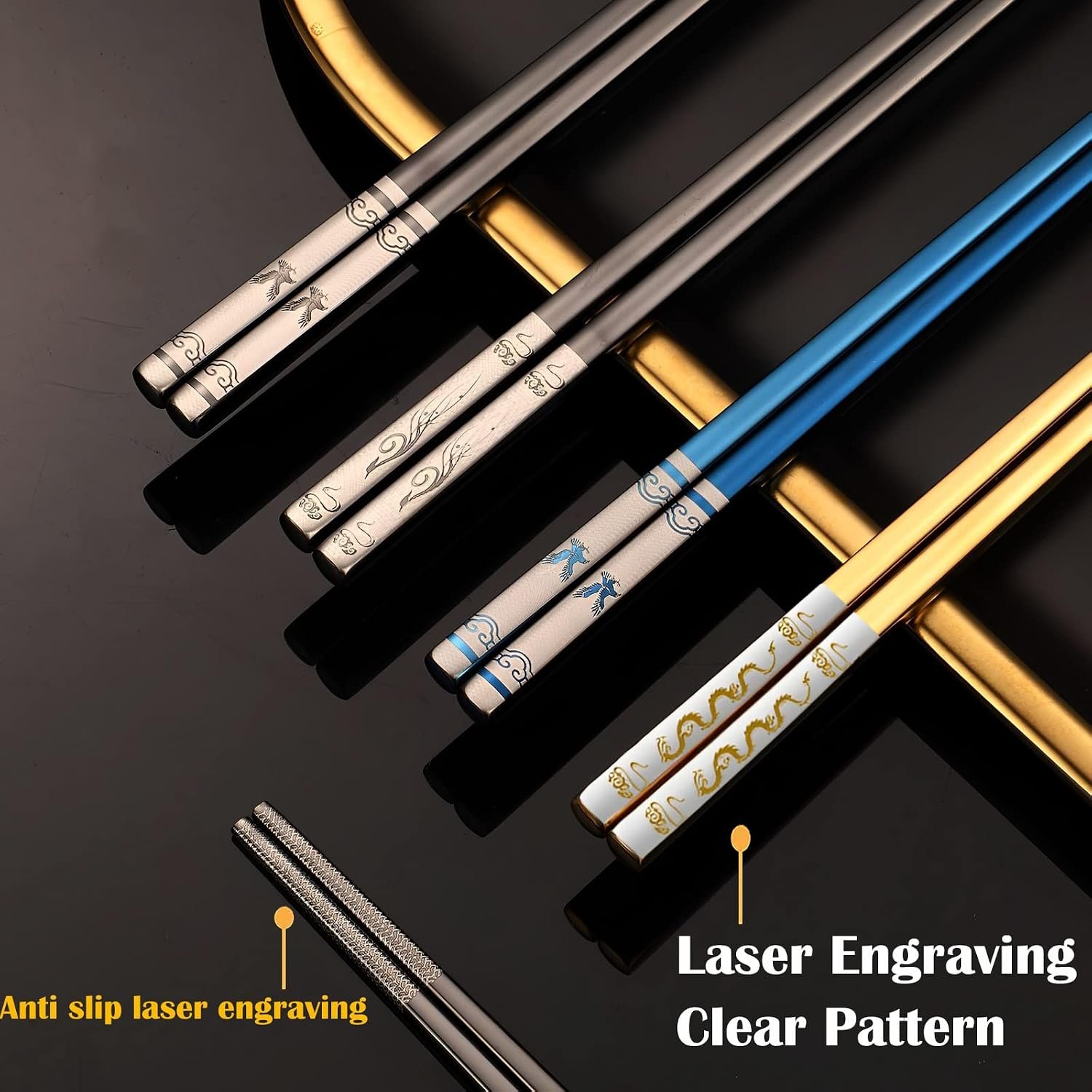 Portable Titanium Plated Metal Chopsticks with Case Black Phoenix - Image 2