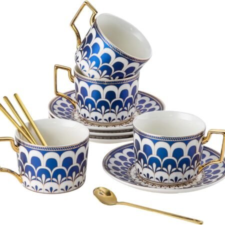 4-Pack Blue Gold Bone China Cup Saucer Set with Spoon