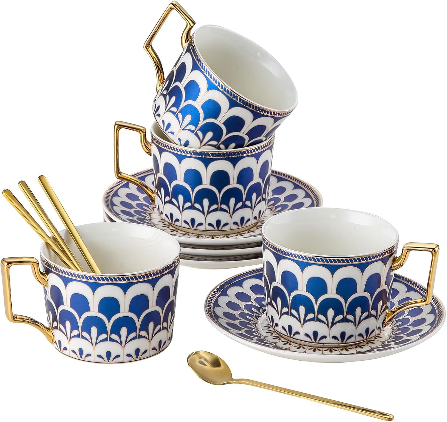 4-Pack Blue Gold Bone China Cup Saucer Set with Spoon