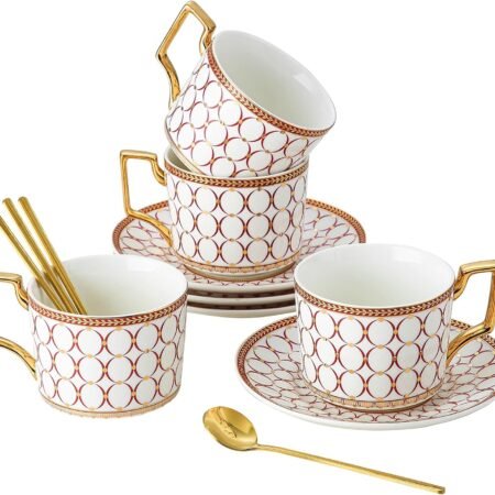 4-Pack Red Gold Bone China Cup Saucer Set with Spoon