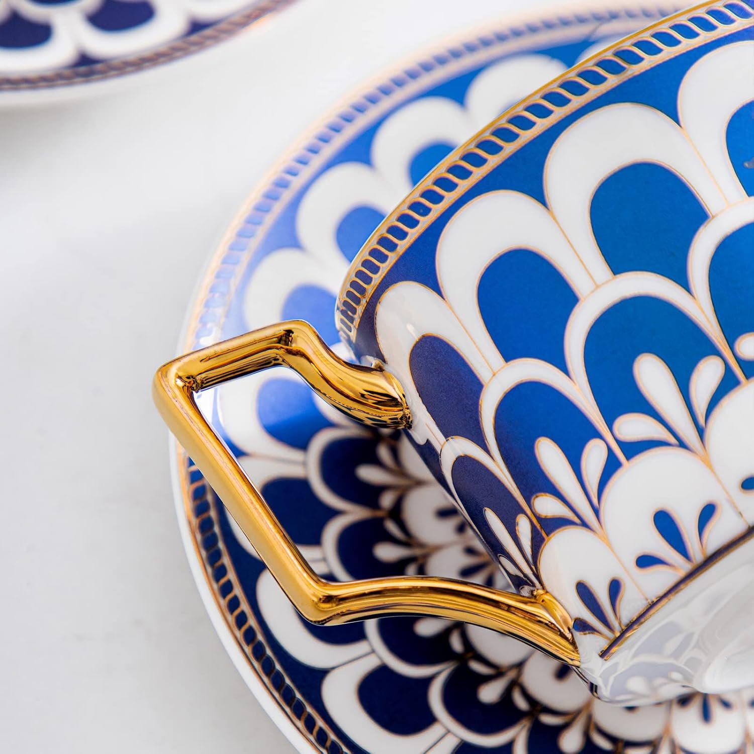 4-Pack Blue Gold Bone China Cup Saucer Set with Spoon - Image 2