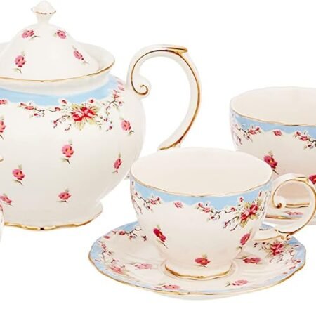 Vintage Blue Rose 11-Piece Porcelain Tea Set