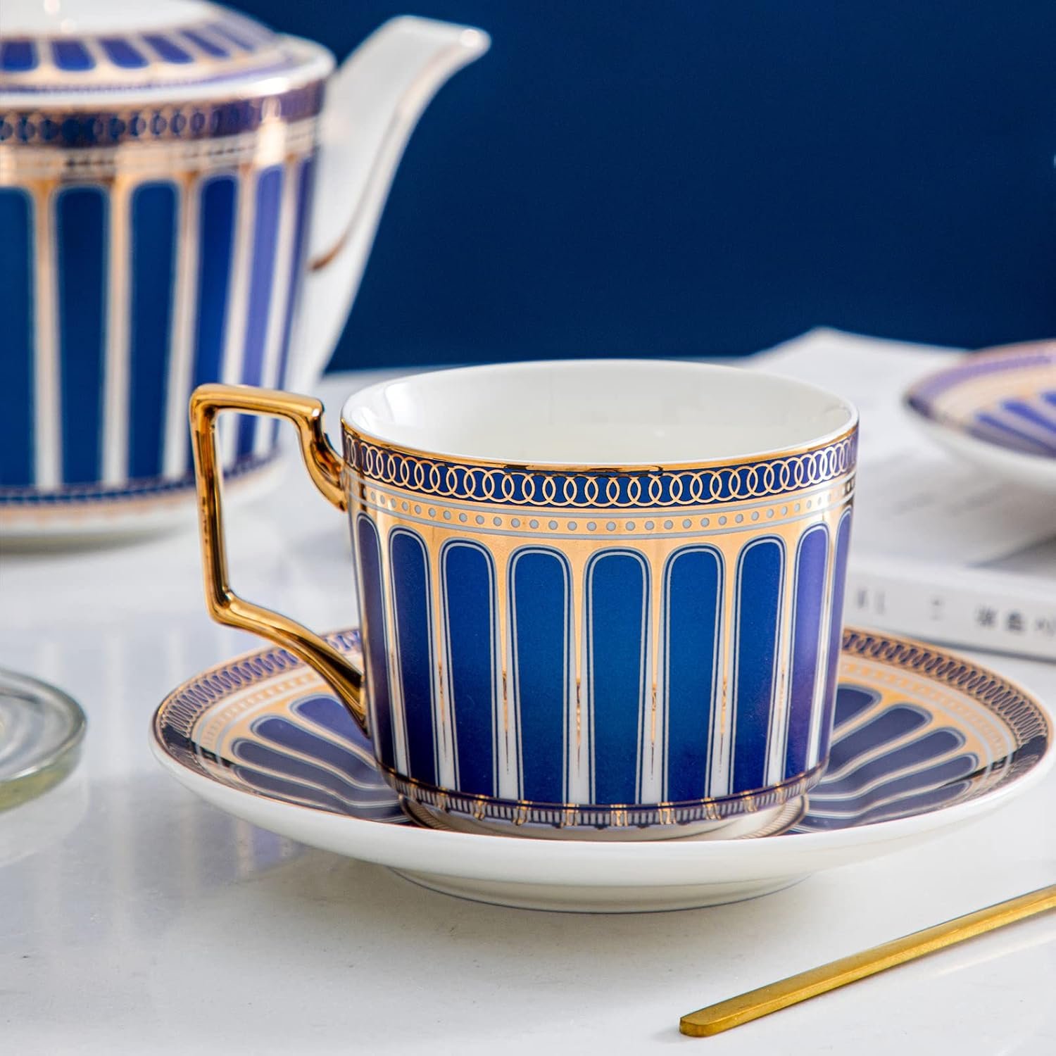 4-Pack Blue Gold Bone China Tea Cup Set with Spoon - Image 2