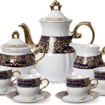 17-Piece Dark Cobalt Blue Gold-Plated Tea Set Service for 6
