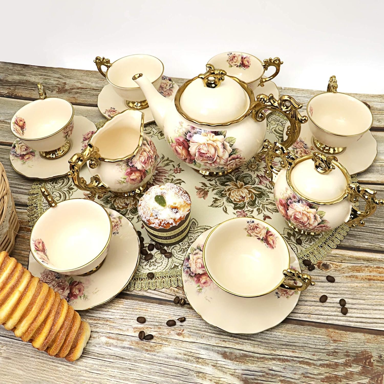Vintage Porcelain 6-Cup Tea Set with 3-Tier Stand - Image 2