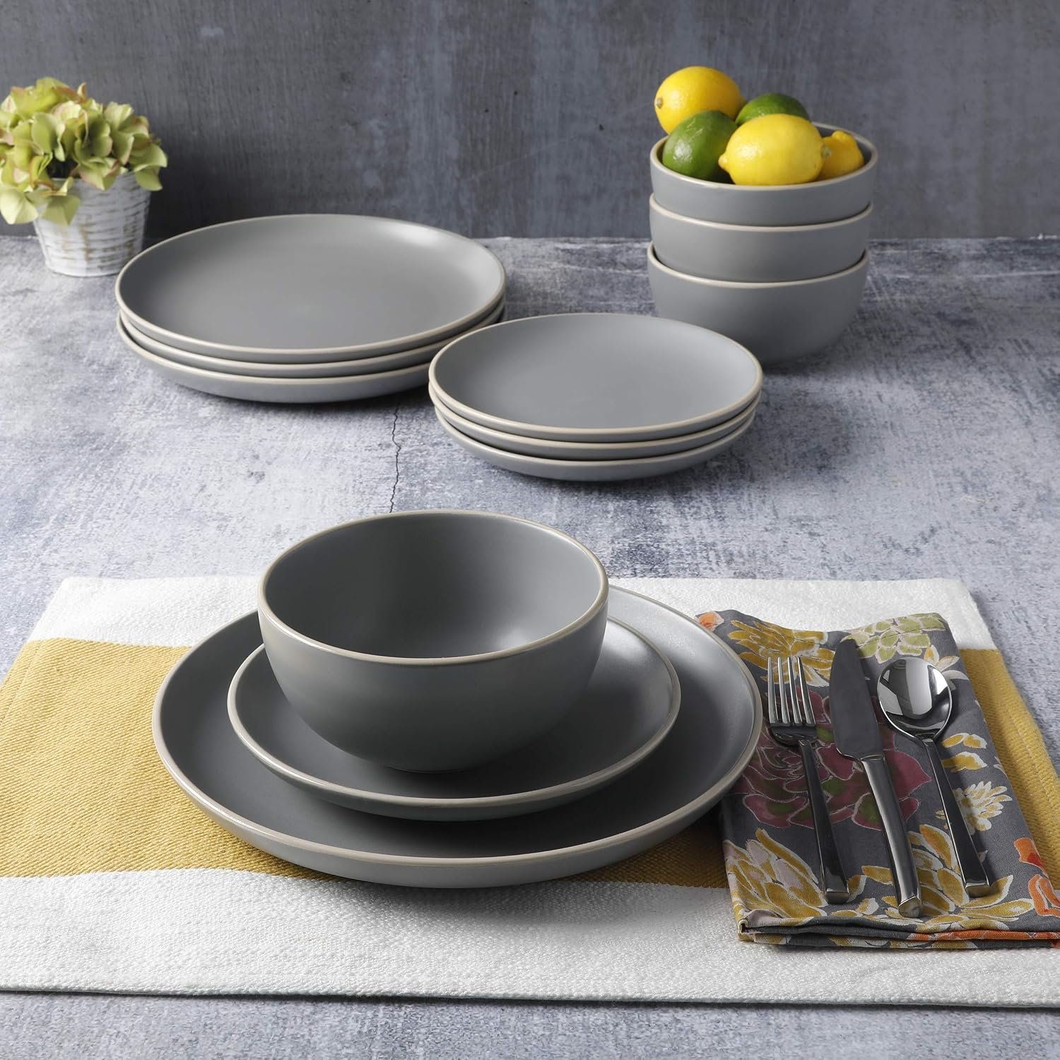 Grey Matte 12-Piece Dinnerware Set Service for 4 - Image 2