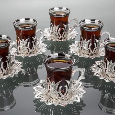 6-Piece Silver Vintage Tea Glass Set with Saucers