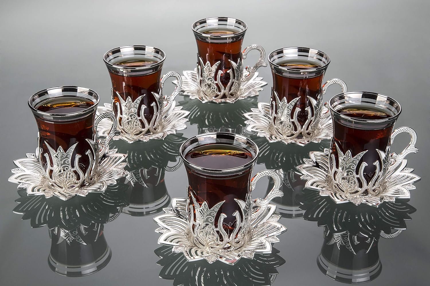 6-Piece Silver Vintage Tea Glass Set with Saucers