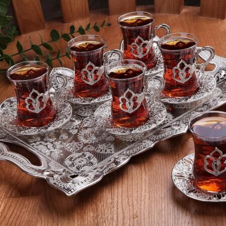 6-Piece Silver Holder Tea Glass Set with Tray