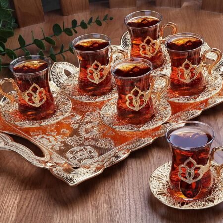 6-Piece Gold Holder Tea Glass Set with Tray